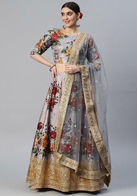 Grey Sequin Embroidered Art Silk Lehenga Set