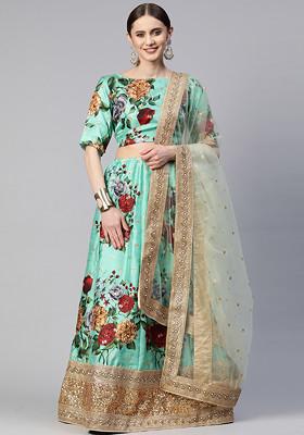 Green Digital Print Art Silk Lehenga Set