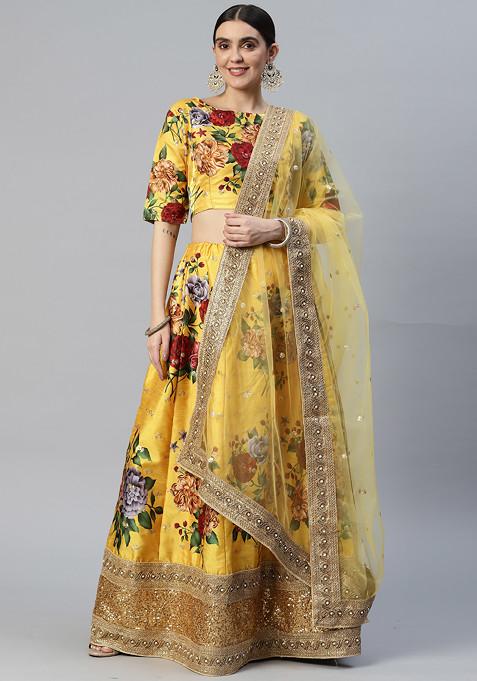 Yellow Sequin Embroidered Art Silk Lehenga Set