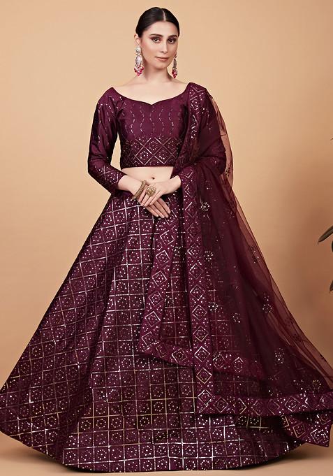 Wine Sequin Embroidered Tebi Silk Lehenga Set