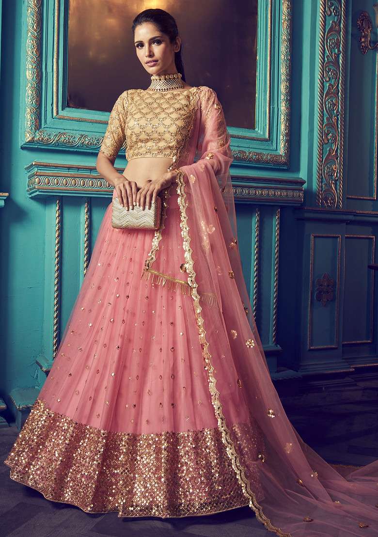 Pink Zari And Lehenga Set with Embroidered & Sequin for Diwali | Wedding & Festive Wear - Indya