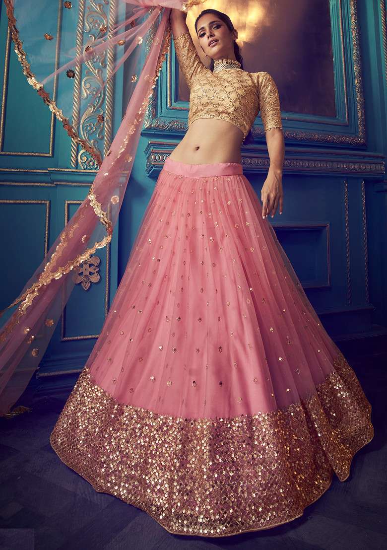 Pink Zari And Lehenga Set with Embroidered & Sequin for Diwali | Wedding & Festive Wear - Indya
