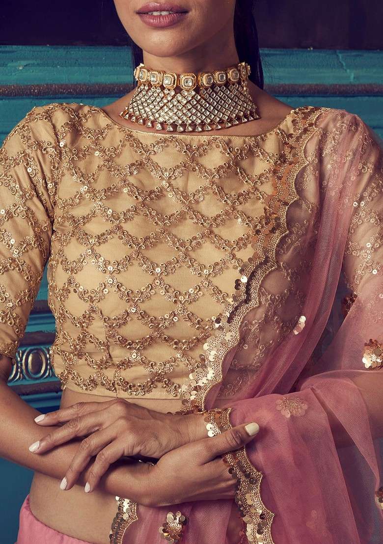 Pink Zari And Lehenga Set with Embroidered & Sequin for Diwali | Wedding & Festive Wear - Indya