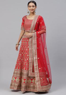 Red Zari Embroidered Art Silk Lehenga Set