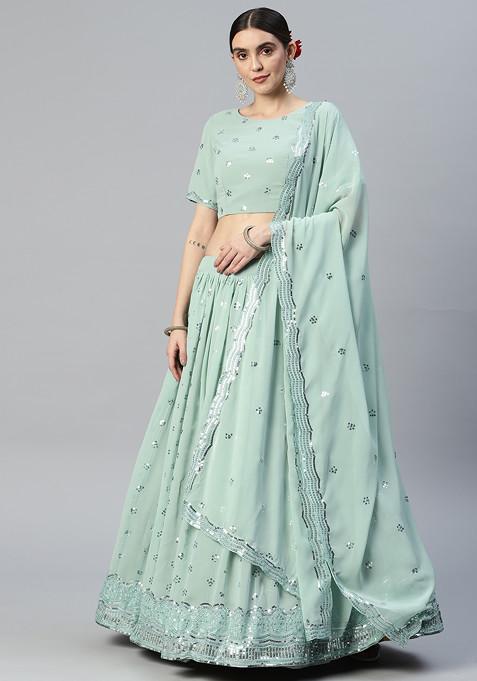 Pista Green Sequin Embroidered Georgette Lehenga Set