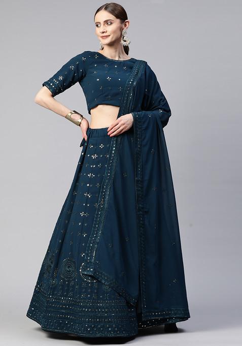 Teal Blue Blue Sequin Embroidered Georgette Lehenga Set