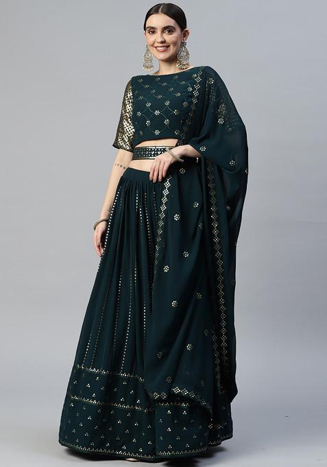 Green Sequin Embroidered Georgette Lehenga Set