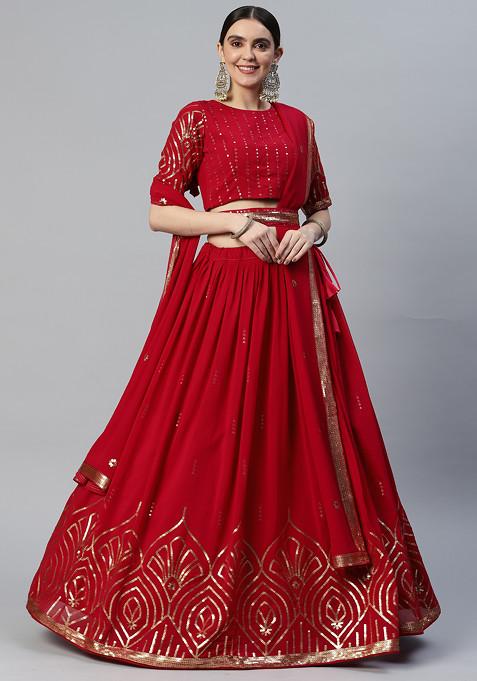 Red Sequin Embroidered Georgette Lehenga Set