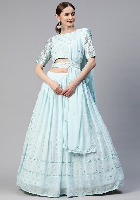 Sky Blue Sequin Embroidered Georgette Lehenga Set