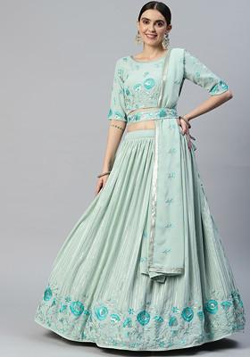Pista Green Thread And Sequin Embroidered Georgette Lehenga Set