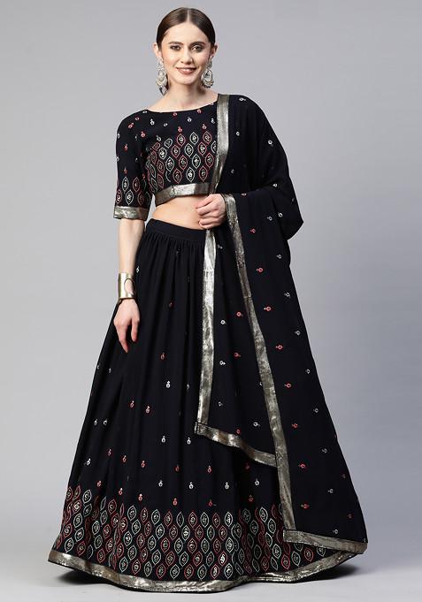 Navy Blue Thread And Sequin Embroidered Georgette Lehenga Set