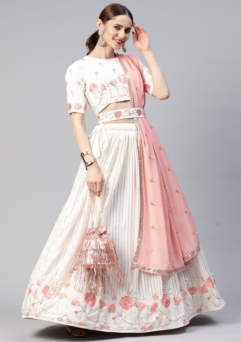 Off White Sequin Embroidered Georgette Lehenga Set - Indya