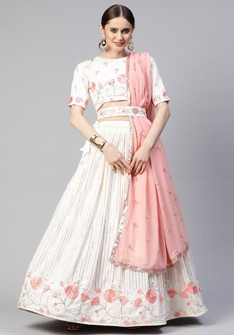 Off White Sequin Embroidered Georgette Lehenga Set
