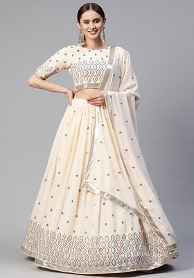 Cream Sequin Embroidered Work Georgette Lehenga Set