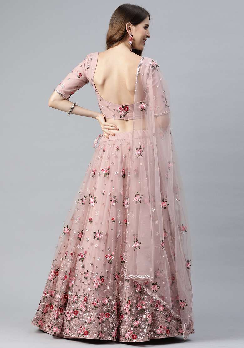 Dusty Pink Sequin Embroidered Soft Net Lehenga Set for Diwali and Festive Wear - Indya