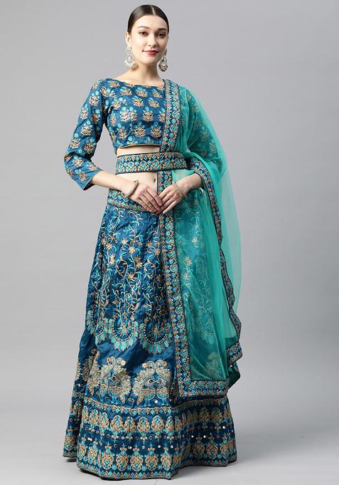 Turquoise Sequin Embroidered Art Silk Lehenga Set