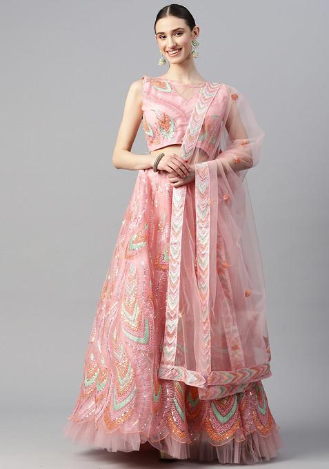 Pink Sequin Embroidered Soft Net Lehenga Set