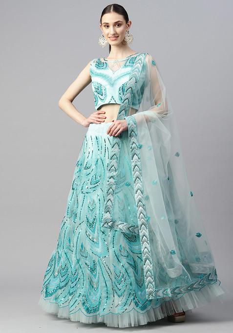 Sky Blue Sequin Embroidered Soft Net Lehenga Set