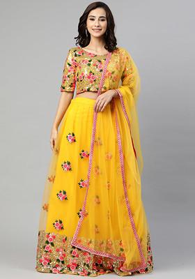 Yellow Sequin Embroidered Soft Net Lehenga Set