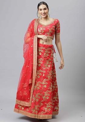 Red Sequin Embroidered Slub Silk Lehenga Set