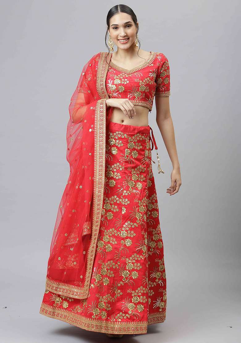 Red Sequin Embroidered Slub Silk Blend Lehenga Set for Diwali and Festive Wear - Indya