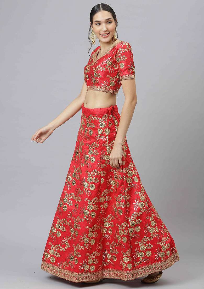 Red Sequin Embroidered Slub Silk Blend Lehenga Set for Diwali and Festive Wear - Indya