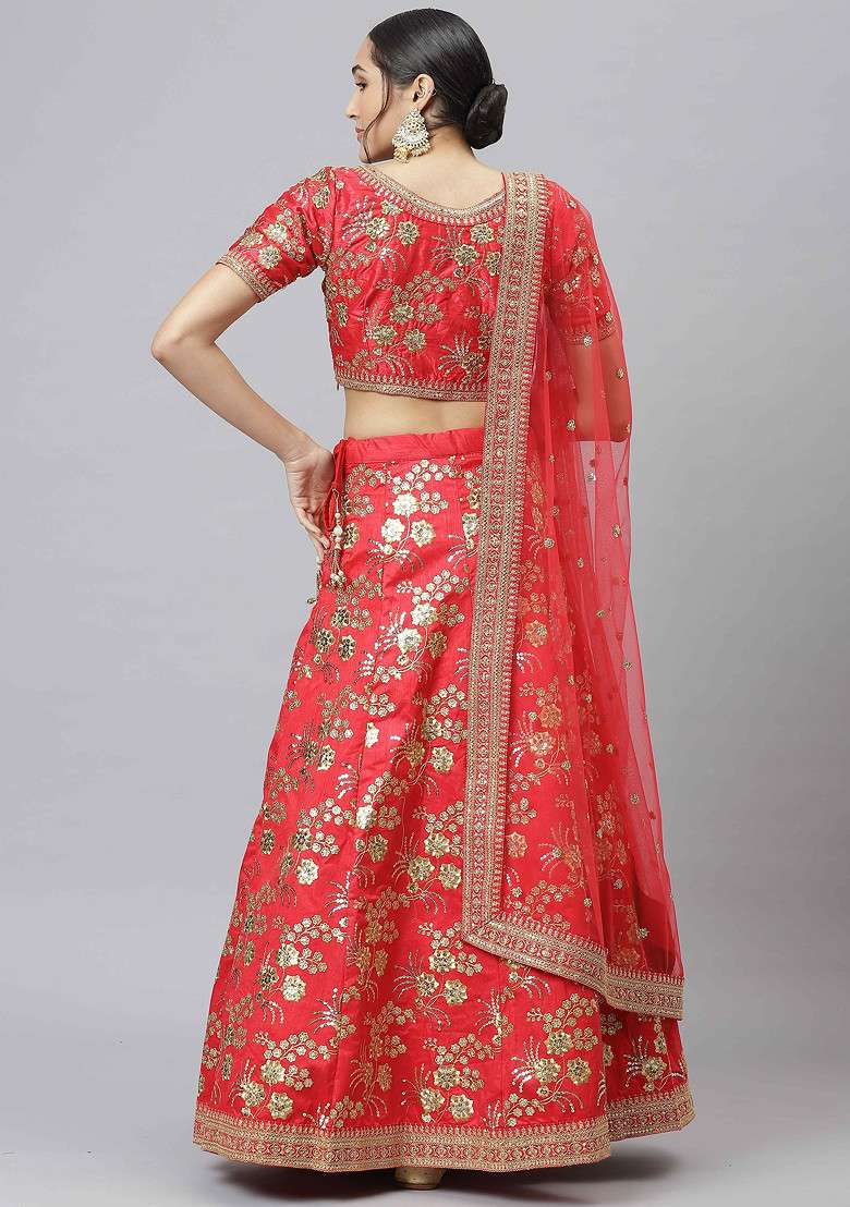 Red Sequin Embroidered Slub Silk Blend Lehenga Set for Diwali and Festive Wear - Indya