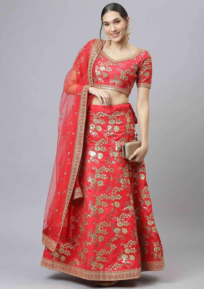 Red Sequin Embroidered Slub Silk Blend Lehenga Set for Diwali and Festive Wear - Indya