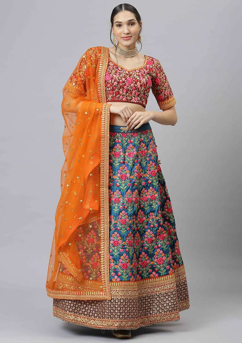 Navy Blue Blend Art Silk Lehenga Set with Embroidered & Sequin for Diwali | Wedding & Festive Wear - Indya