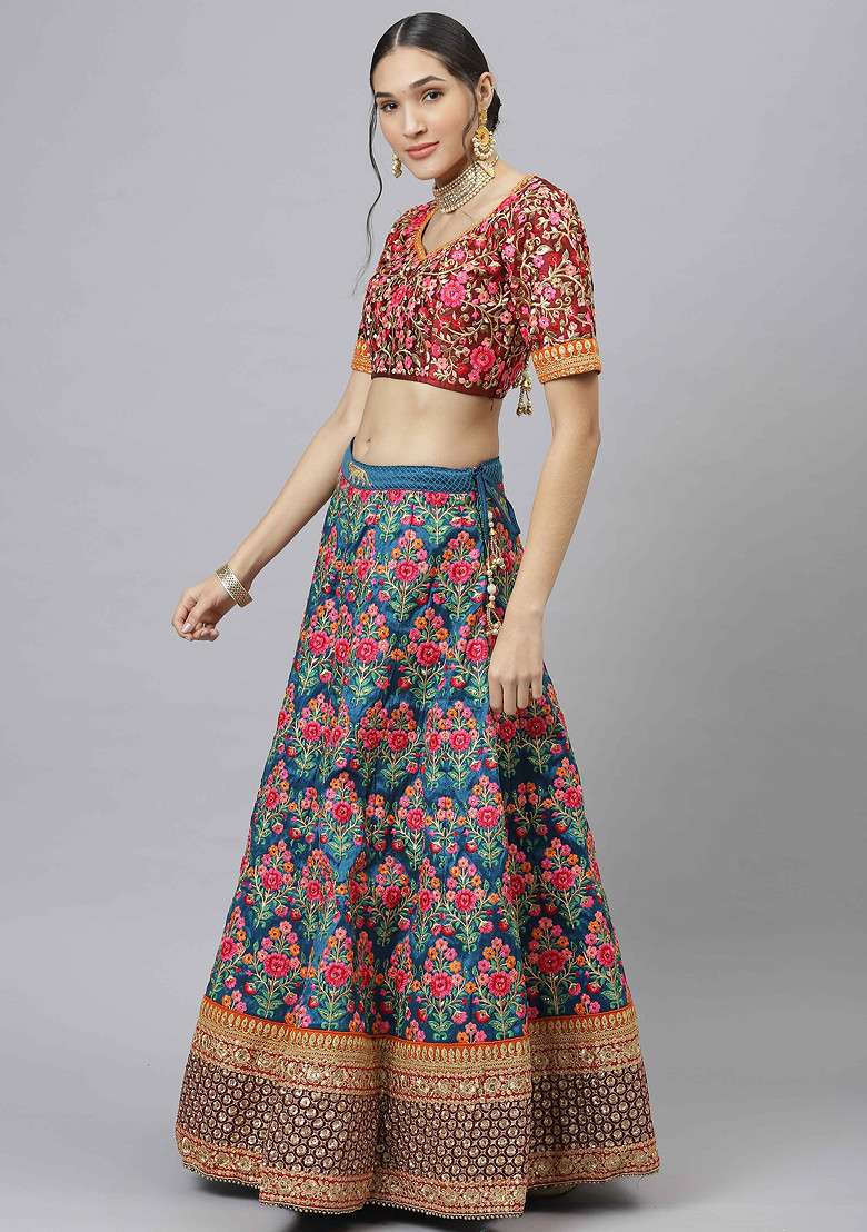 Navy Blue Blend Art Silk Lehenga Set with Embroidered & Sequin for Diwali | Wedding & Festive Wear - Indya