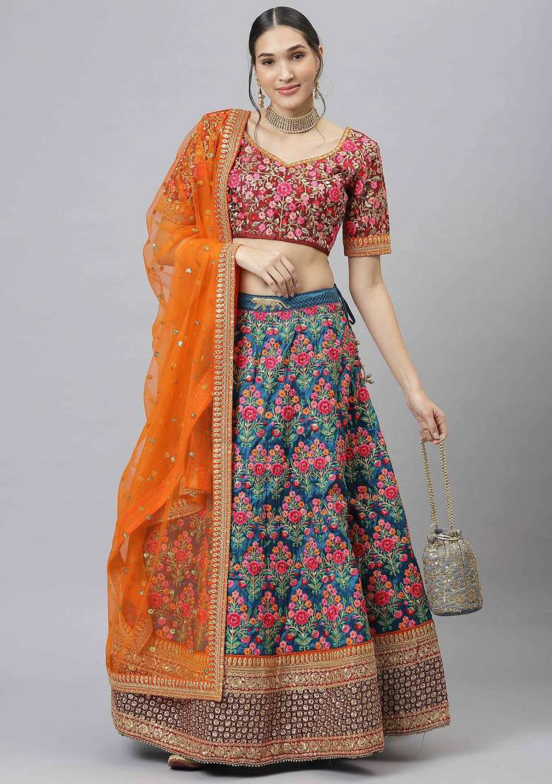Navy Blue Blend Art Silk Lehenga Set with Embroidered & Sequin for Diwali | Wedding & Festive Wear - Indya