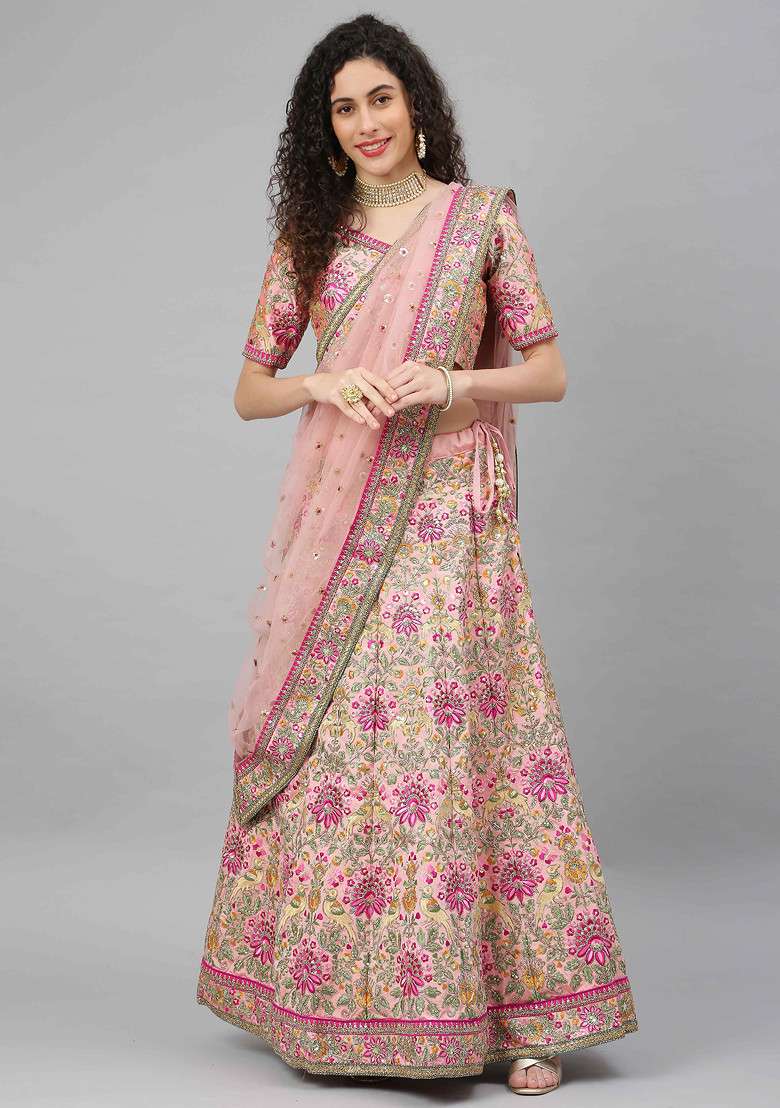 Baby Pink Blend Art Silk Lehenga Set with Embroidered & Sequin for Diwali | Wedding & Festive Wear - Indya