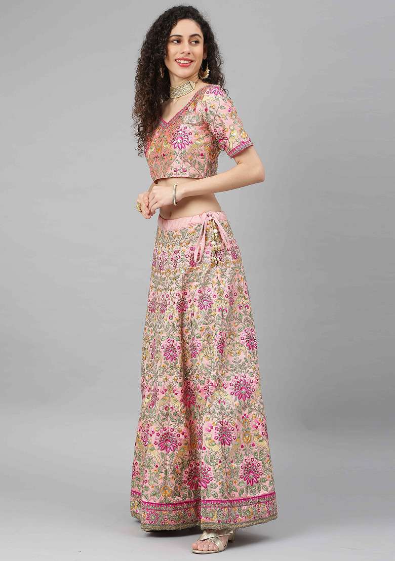 Baby Pink Blend Art Silk Lehenga Set with Embroidered & Sequin for Diwali | Wedding & Festive Wear - Indya