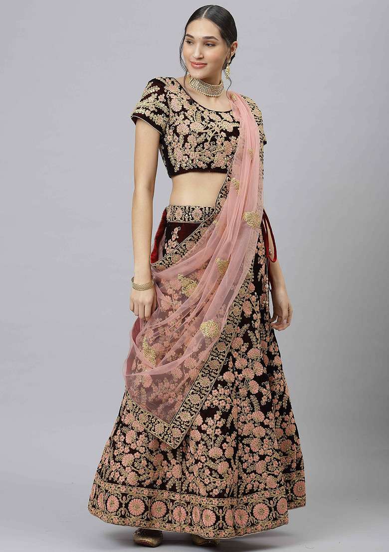 Maroon Velvet Lehenga Set with Embroidered & Sequin for Diwali | Wedding & Festive Wear - Indya