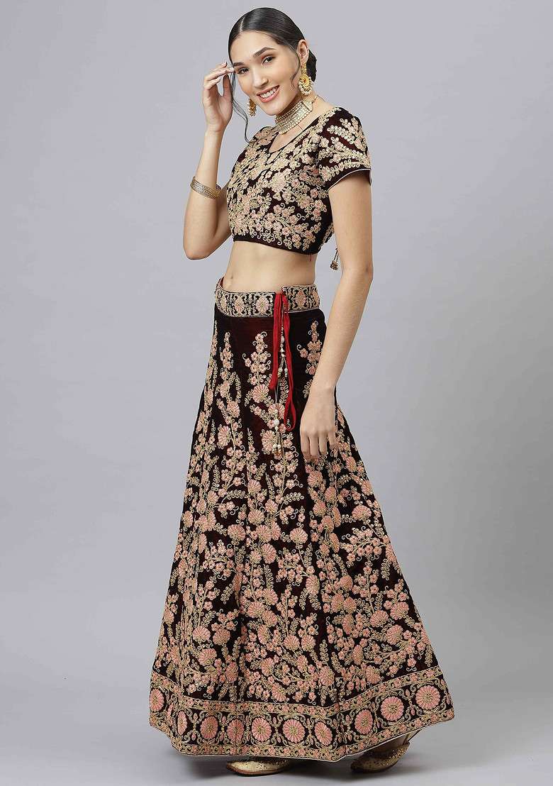 Maroon Velvet Lehenga Set with Embroidered & Sequin for Diwali | Wedding & Festive Wear - Indya