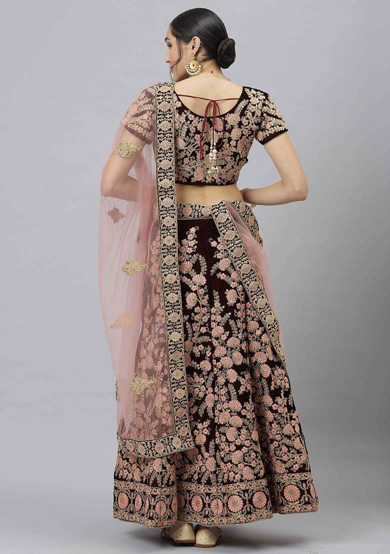 Maroon Velvet Lehenga Set with Embroidered & Sequin for Diwali | Wedding & Festive Wear - Indya