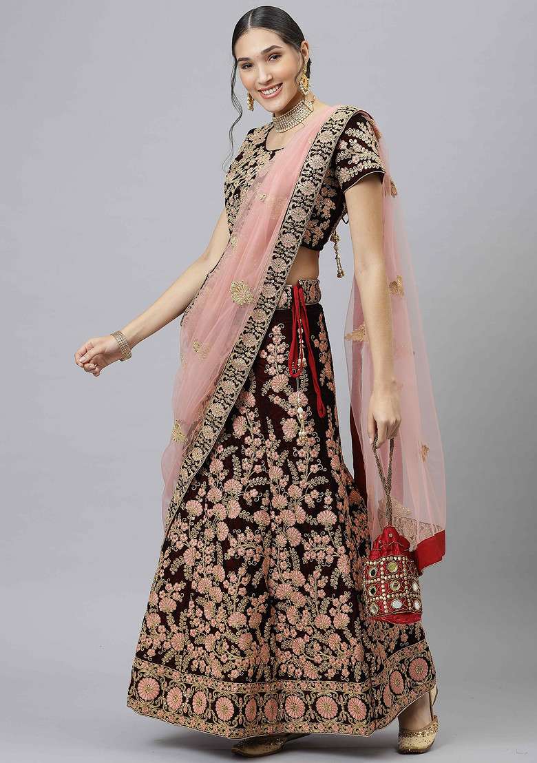 Maroon Velvet Lehenga Set with Embroidered & Sequin for Diwali | Wedding & Festive Wear - Indya