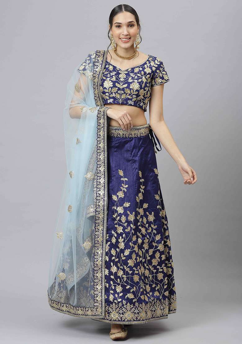 Blue Blend Raw Silk Lehenga Set with Embroidered & Sequin for Diwali | Wedding & Festive Wear - Indya