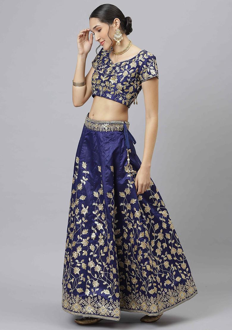 Blue Sequin Embroidered Raw Silk Lehenga Set - Indya