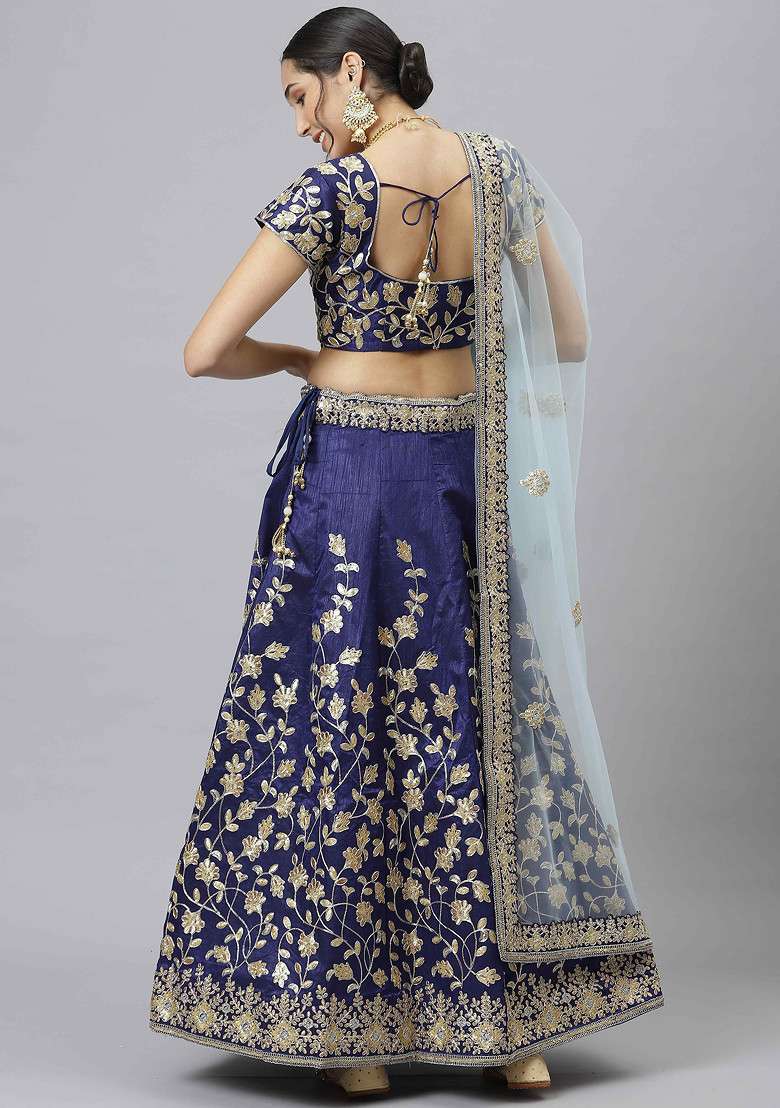 Blue Blend Raw Silk Lehenga Set with Embroidered & Sequin for Diwali | Wedding & Festive Wear - Indya