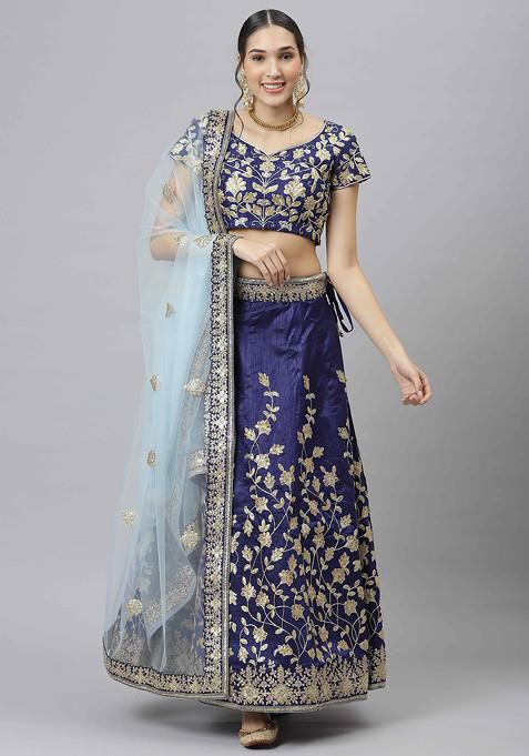 Blue Sequin Embroidered Raw Silk Lehenga Set