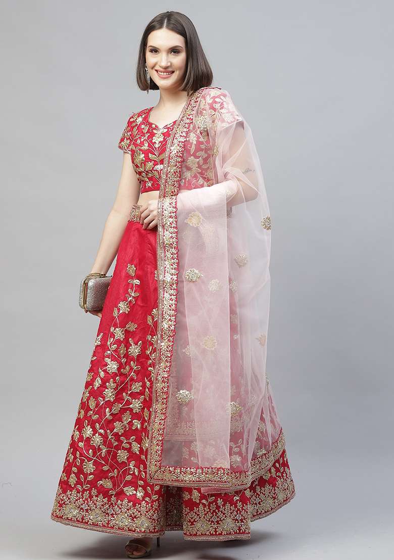 Pink Sequin Embroidered Raw Silk Blend Lehenga Set for Diwali and Festive Wear - Indya