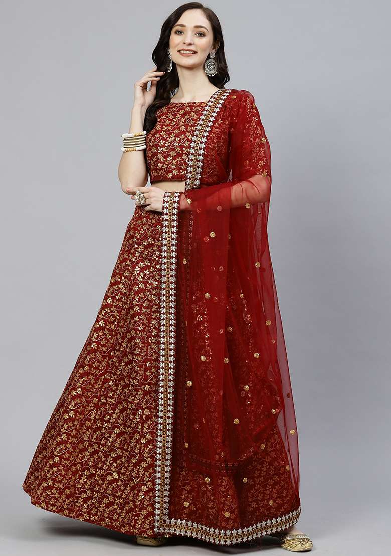 Maroon Sequin Embroidered Raw Silk Blend Lehenga Set for Diwali and Festive Wear - Indya