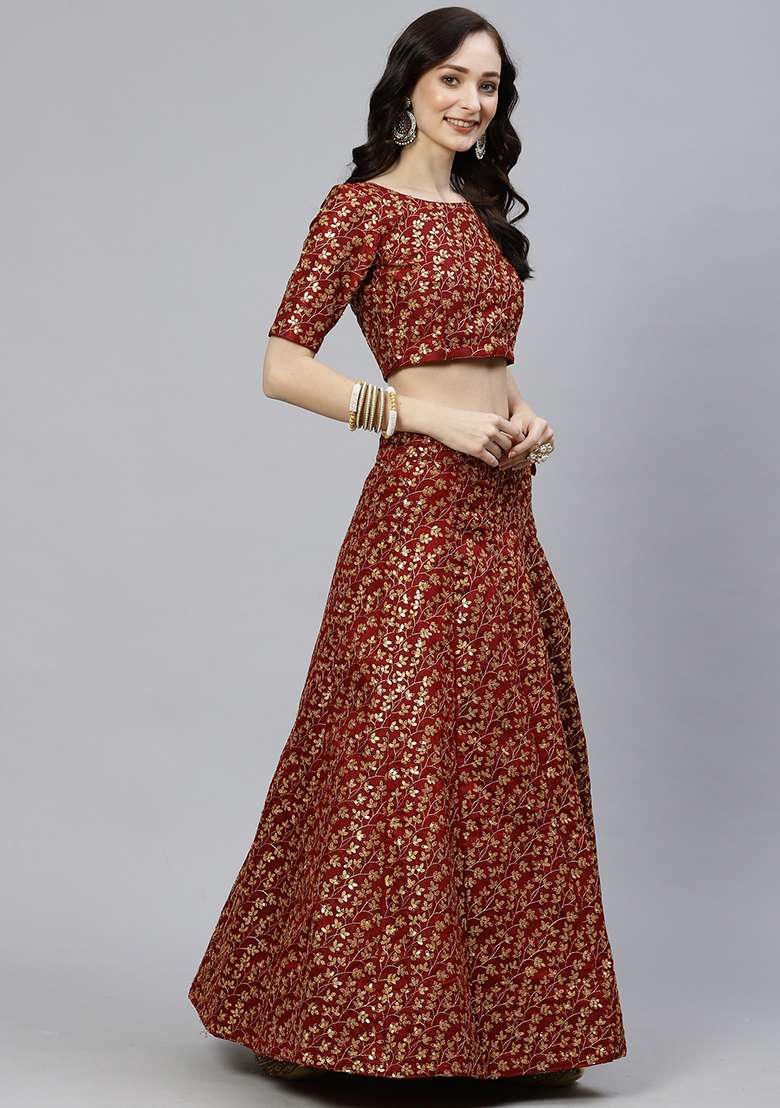 Maroon Sequin Embroidered Raw Silk Blend Lehenga Set for Diwali and Festive Wear - Indya