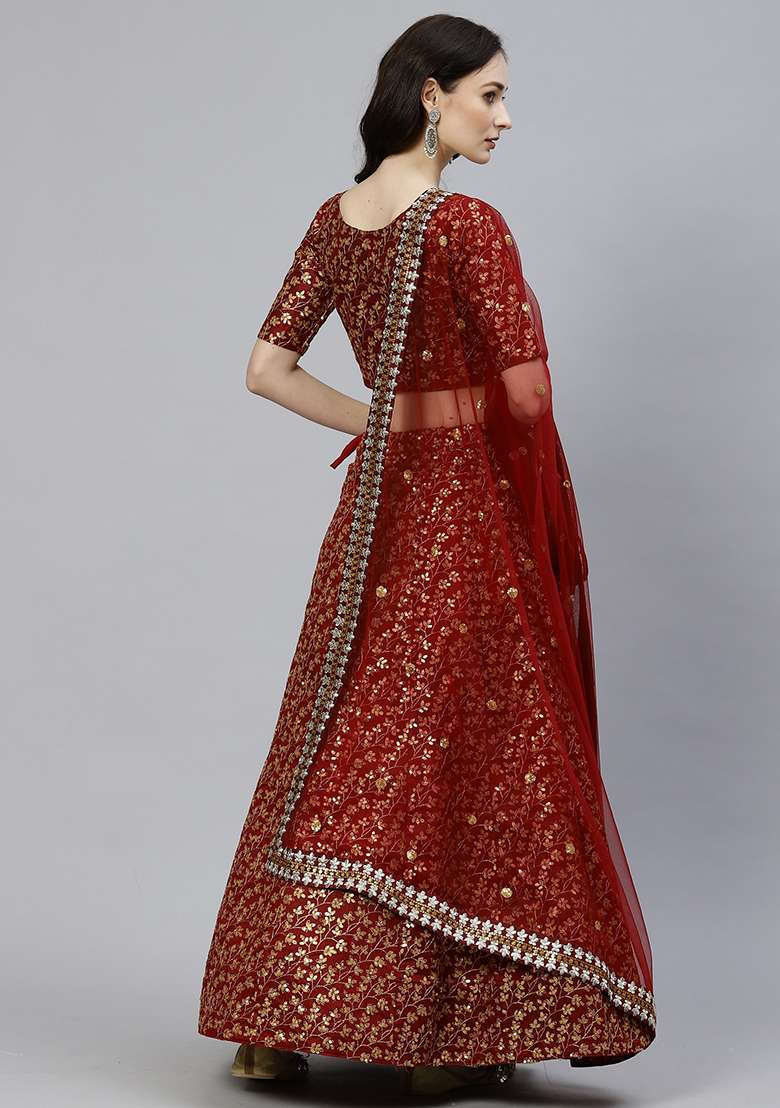 Maroon Sequin Embroidered Raw Silk Blend Lehenga Set for Diwali and Festive Wear - Indya