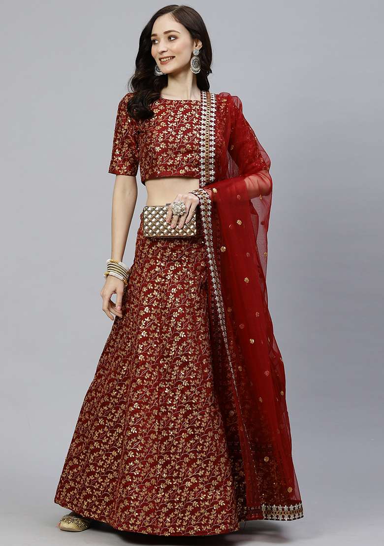 Maroon Sequin Embroidered Raw Silk Blend Lehenga Set for Diwali and Festive Wear - Indya