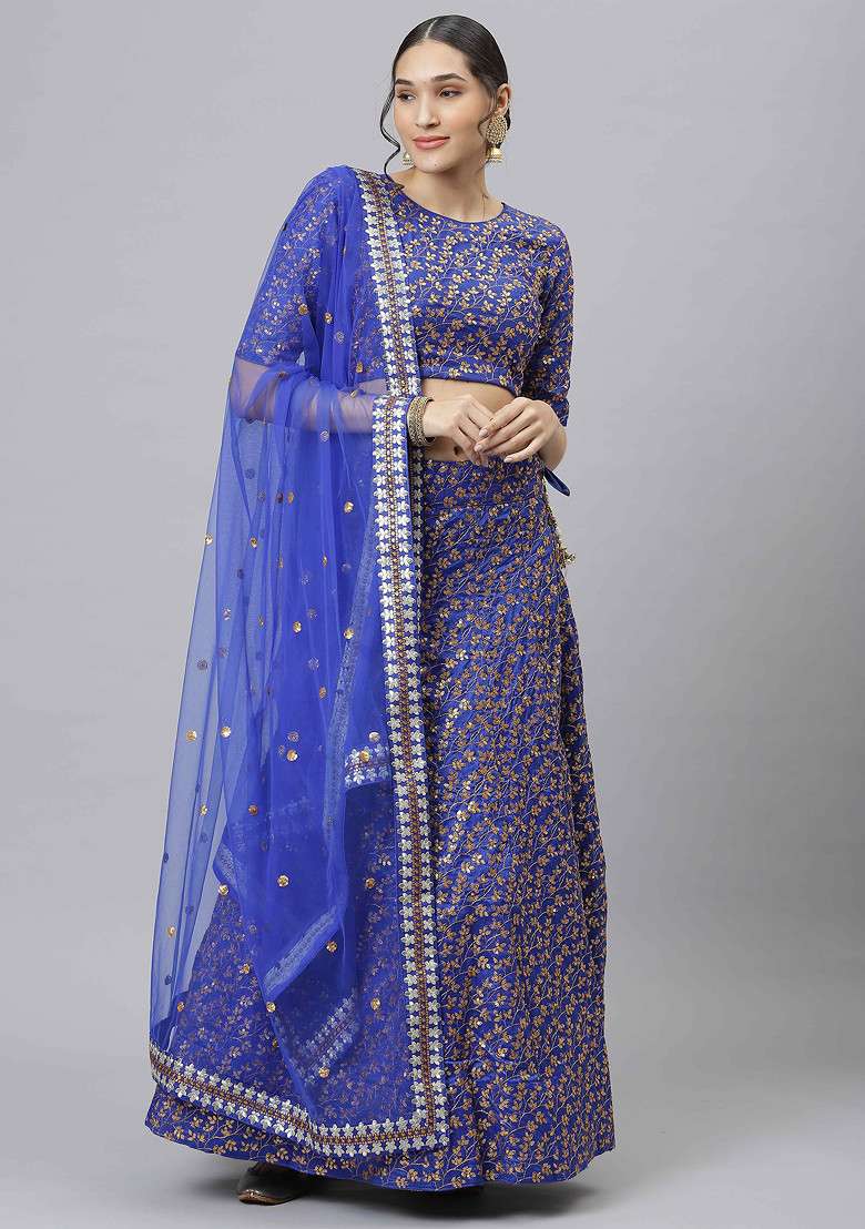 Blue Zari And Sequin Embroidered Raw Silk Blend Lehenga Set for Diwali and Festive Wear - Indya