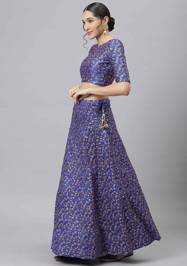 Blue Zari And Sequin Embroidered Raw Silk Lehenga Set - Indya