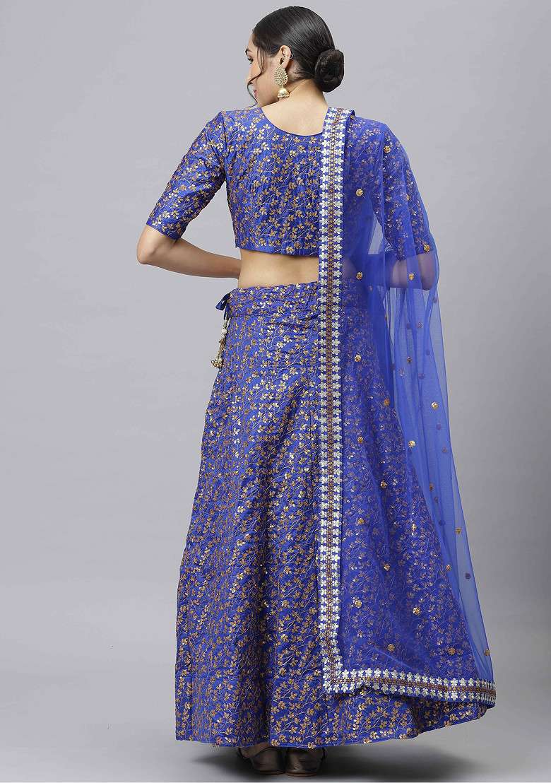 Blue Zari And Sequin Embroidered Raw Silk Blend Lehenga Set for Diwali and Festive Wear - Indya