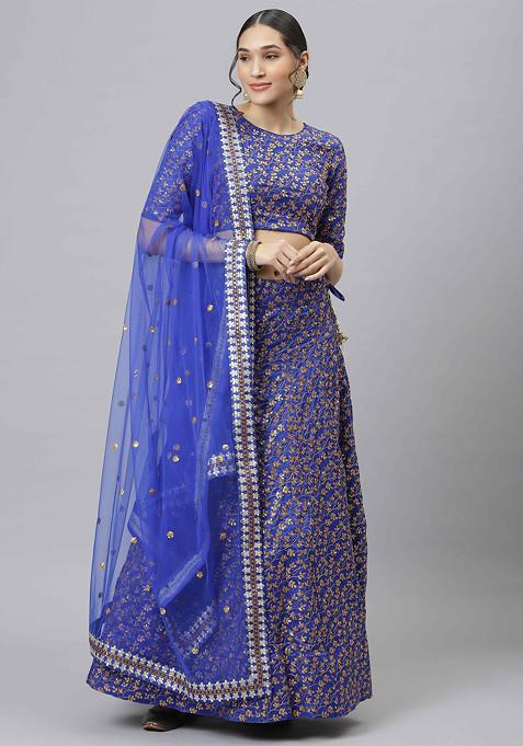 Blue Zari And Sequin Embroidered Raw Silk Lehenga Set